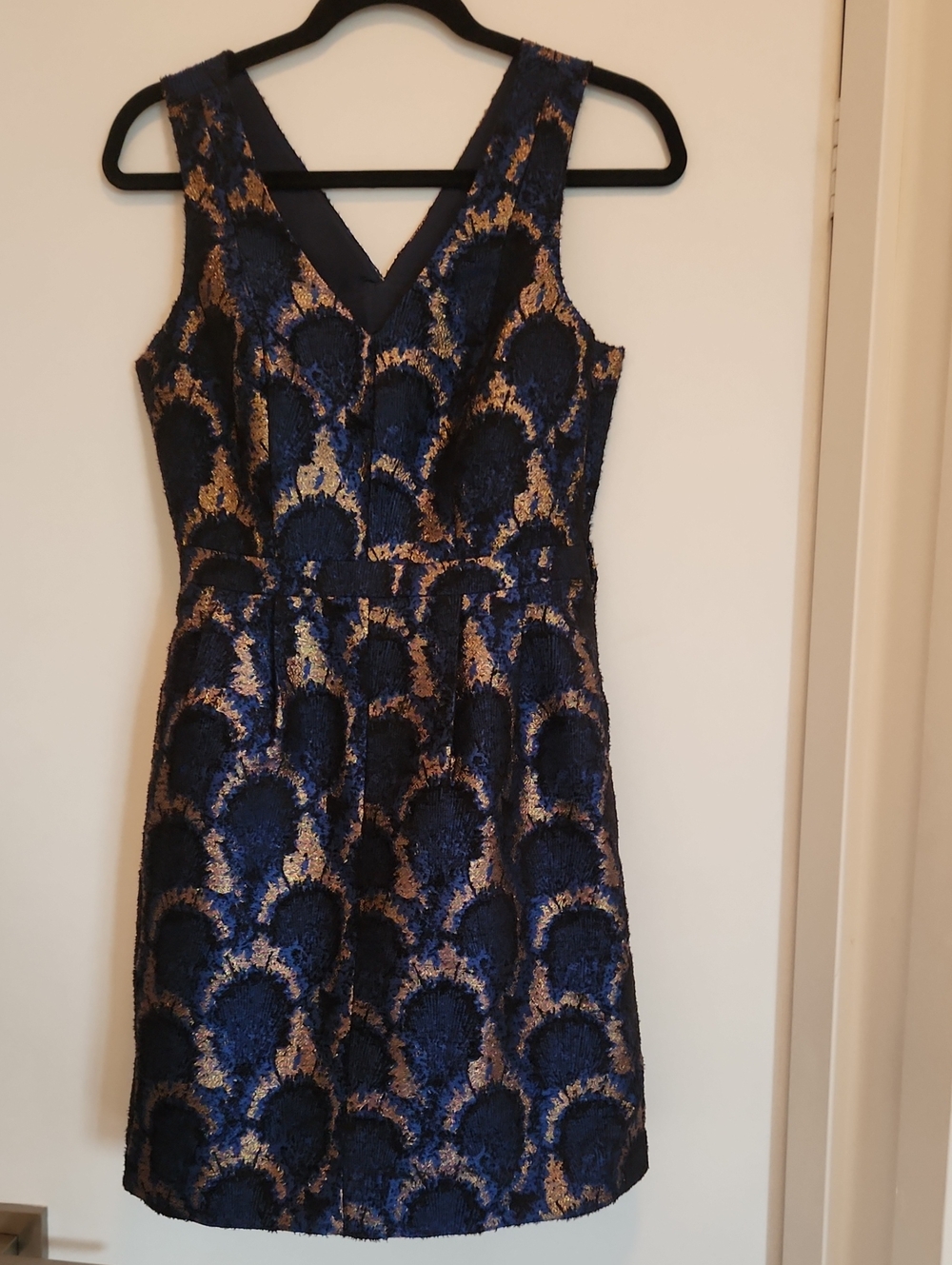 J. Crew Navy and Gold V-Neck Jacquard Party Dress
